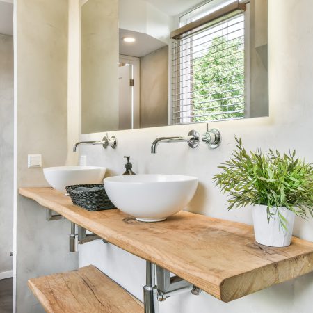 Luxury interior design of a bathroom with marble walls